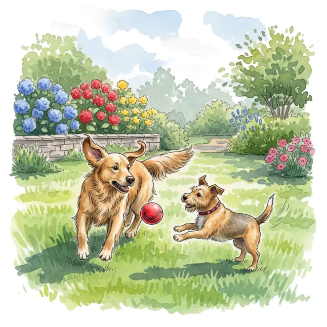 Dogs chasing a ball