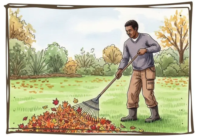 Raking leaves off the lawn