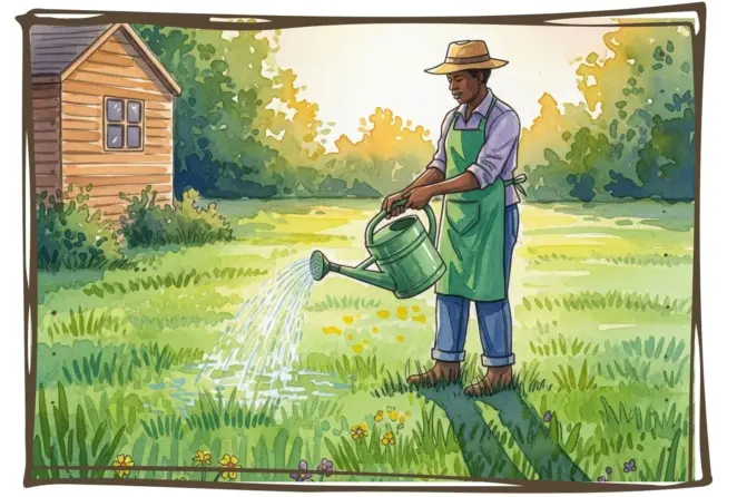 Watering a lawn using a watering can