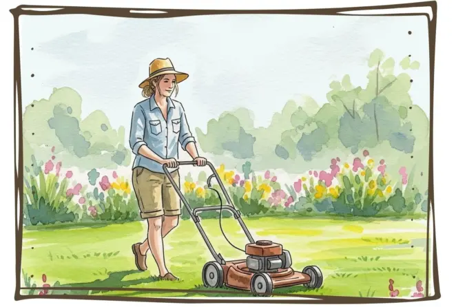 A lady mowing her lawn