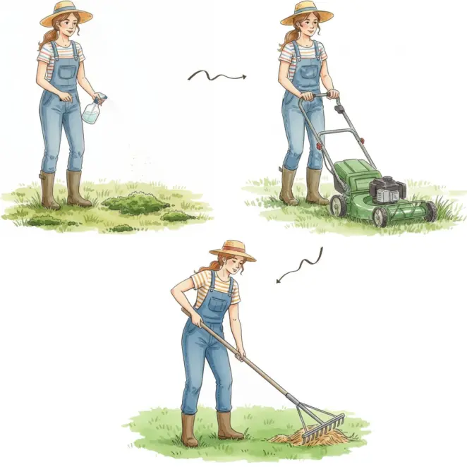 Female gardener scarifying a lawn