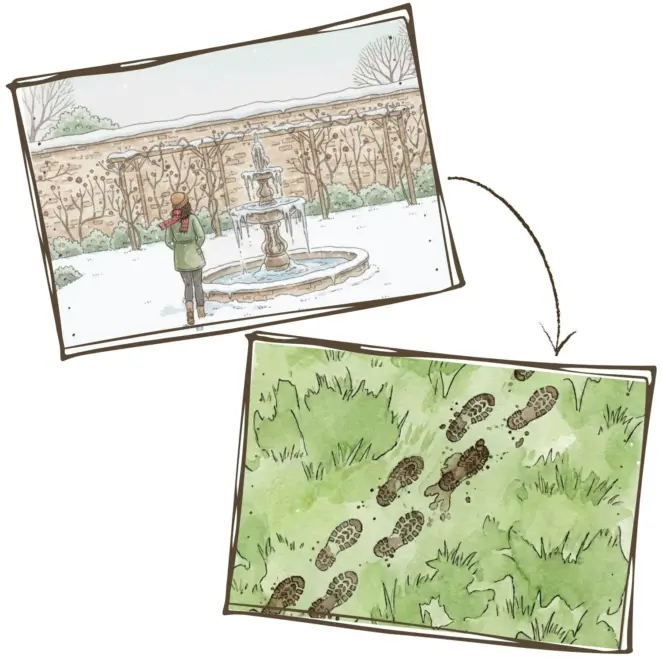 Walking on a lawn covered in snow