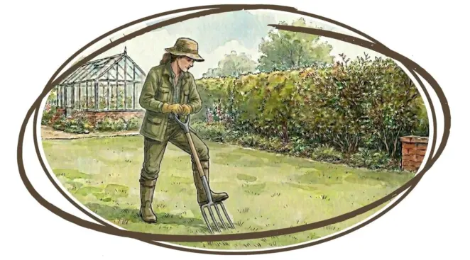 Gardener aerating turf