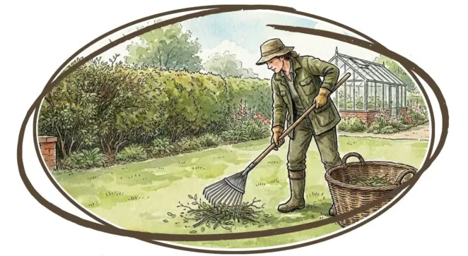 Female gardener clearing debris from her lawn