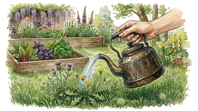 Pouring boiling water onto weeds
