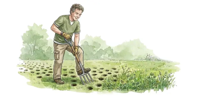 Gardener aerating his lawn